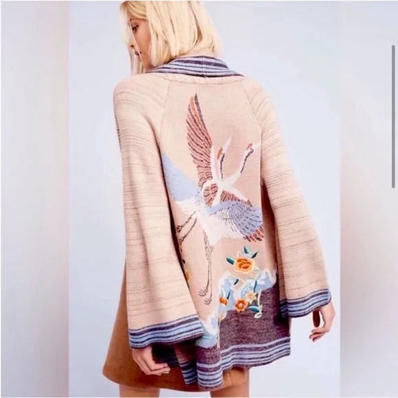 Anthropologie Crane Embroidered Loose Cardigan - Picture 1 of 8